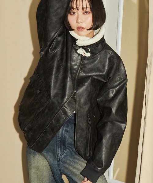 Snap club】2WAYヴィンテージライク襟ボア切り替えフライトブルゾン