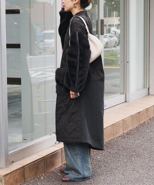 セール】【etsinta】ファー切替ノーカラーキルティングコート（ノー