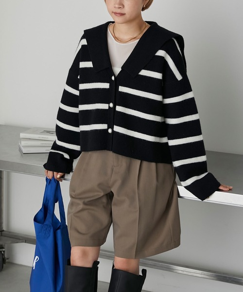 forksy.】パールボタンセーラーボーダーニットカーディガン