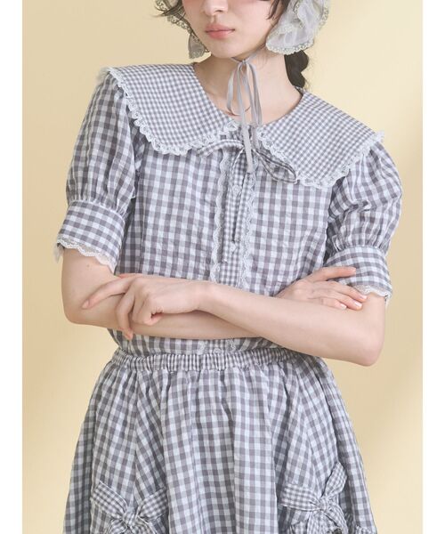 ギンガムパフスリーブブラウス（シャツ/ブラウス）｜merry jenny