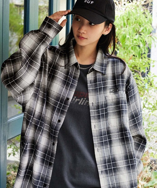 retock's】ロゴ刺繍 オンブレチェック ビッグシルエット長袖シャツ
