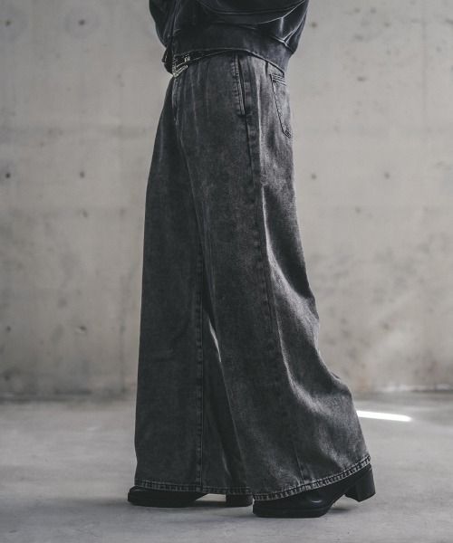 セール】ケミカルウォッシュハードブリーチワイドフレアデニムパンツ