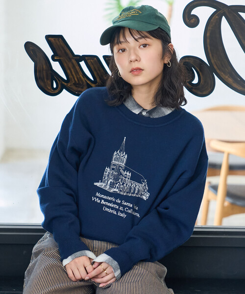 刺繍 スウェットライクニット/コンパクトニット（ニット/セーター