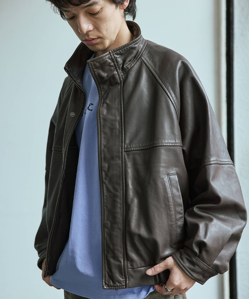 セール】シープ レザー ウォッシュド スタンド ブルゾン（ライダース