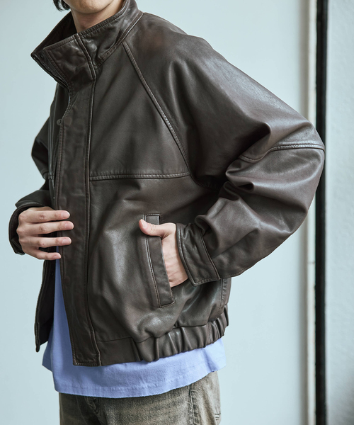 セール】シープ レザー ウォッシュド スタンド ブルゾン（ライダース