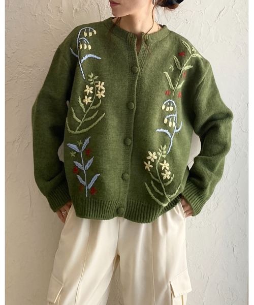 セール】花柄フラワー刺繍長袖ニットカーディガン（カーディガン