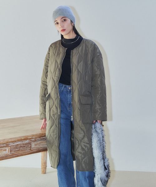 セール】ノーカラーキルティングロングコート（ダウンジャケット