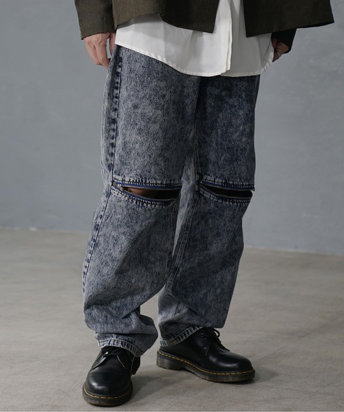 MinoriTY】デニムヒザZIPワイドバギーパンツ ストレートデニム ワイド