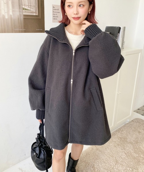 セール】フェイクウールモッサリブスタンドカラーハーフコート（その他