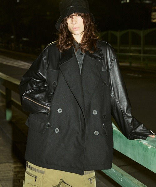 UNISEX》Sheep Leather Melton Combination Pea Coat/シープレザー