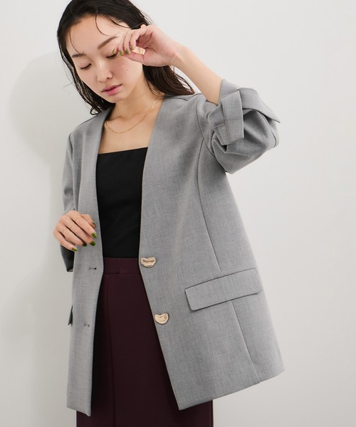 オーバル釦ノーカラージャケット/セットアップ対応（ノーカラー