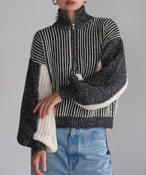 r.（アールドット）の「ストライプニット ハーフジップ タートルプル