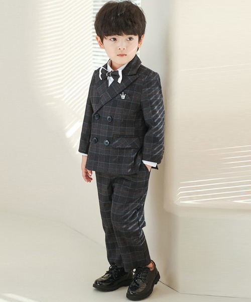 丸ごと洗える セットアップ キッズスーツ】長袖チェックダブルボタン