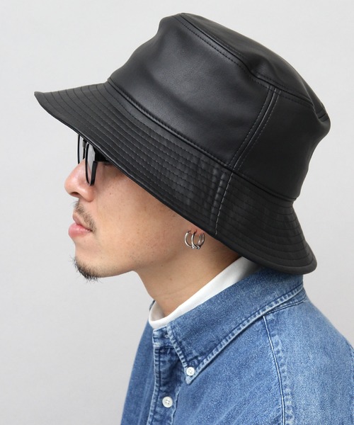 A.M.S.別注 フェイクレザー ツイル デニム つば広 バケットハット