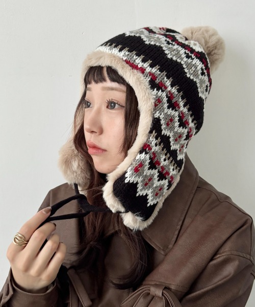 セール】ノルディック柄イヤーフラップファーニットキャップ（ニット