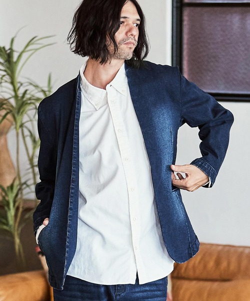 セール】mj9454- デニム加工ノーカラージャケット（ノーカラー