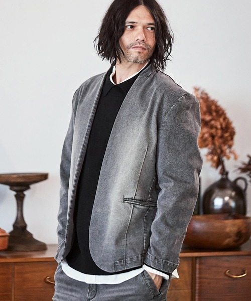 セール】mj9454- デニム加工ノーカラージャケット（ノーカラー