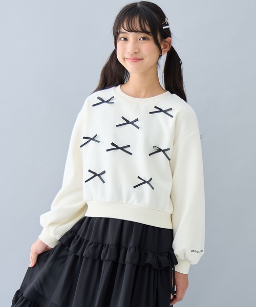 セール】ハート刺繍/リボンモチーフ 裏起毛ぽわん袖トレーナー