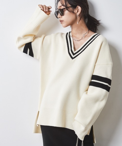 袖ラインVネックニットプルオーバー ＜大きいサイズ有＞シックスタイル