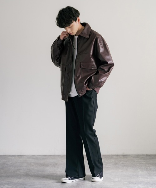 オーバーサイズフェイクレザージャケットブルゾン（ライダース