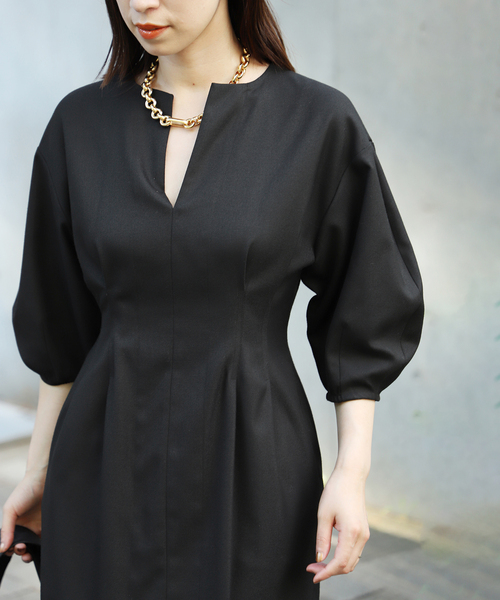 追加3》P/Ryツイルウエストシェイプ パフスリーブワンピース