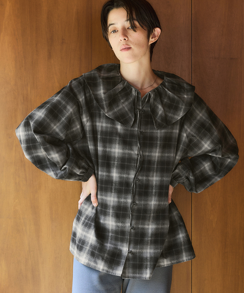 セール】《追加2》BLACK フリルチェックブラウス（シャツ/ブラウス