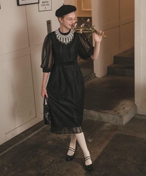 BONLECILL noir】ベロア切替ヴィンテージ総レースペンシルドレス