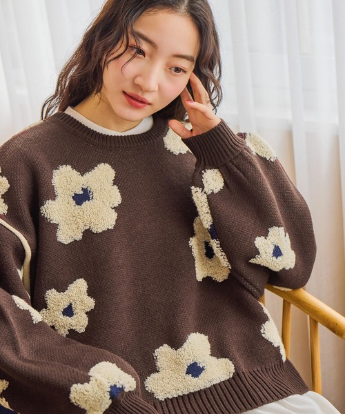 セール】フラワージャガードニットプルオーバー（ニット/セーター