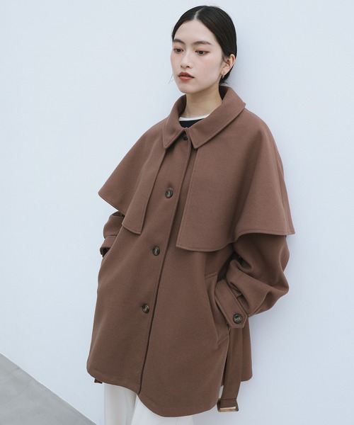 ケープ＆ベルト付きフェイクウールミドルコート（ステンカラーコート