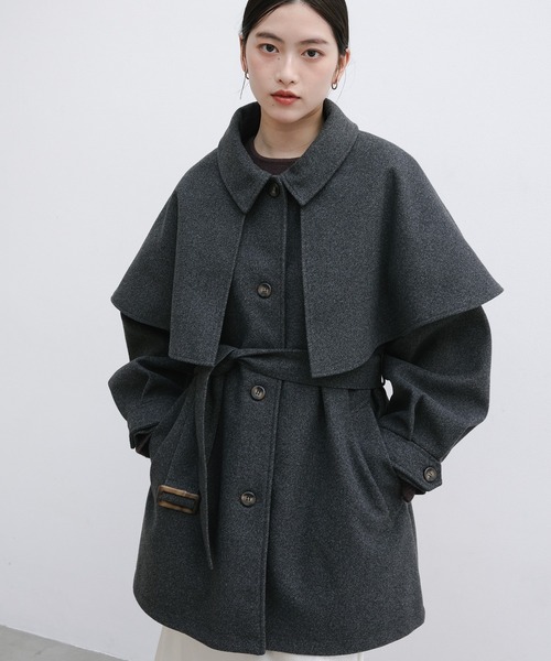 セール】ケープ＆ベルト付きフェイクウールミドルコート（ステンカラー