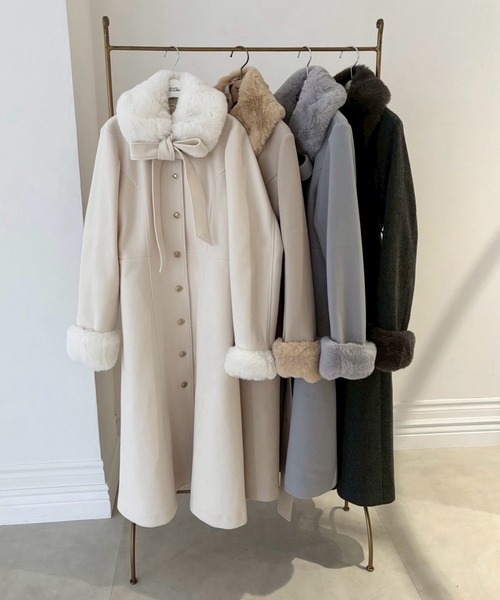 セール】【サイズ展開あり】襟袖フェイクファーロングコート（ステン