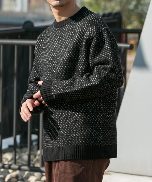 セール】『XLサイズあり』バーズアイ柄クルーネックニット（ニット