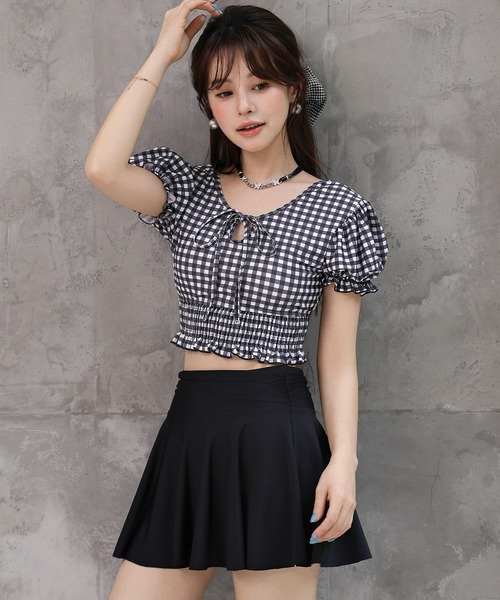 レディース水着 2WAYぽわん袖ギンガムチェッククロップドビキニ+ハイ