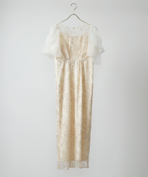 セール】刺繍レース チュールスリーブ コクーン パーティードレス 結婚