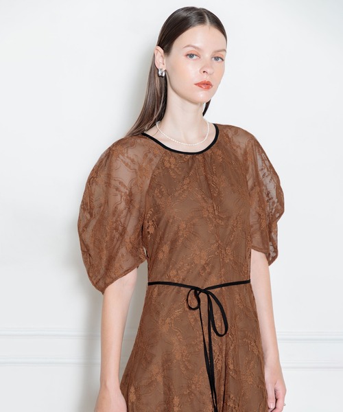 セール】【LEJA】パフスリーブウエストリボン総レースロングドレス