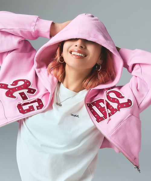 STUDDED LOGO ZIP UP SWEAT HOODIE（パーカー）｜X-girl（エックス