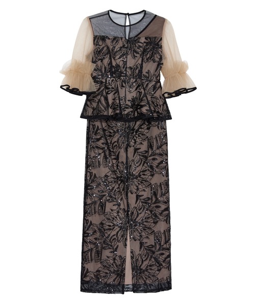 LEJA】アシンメトリーシアーフラワースパンコールフリルチュール