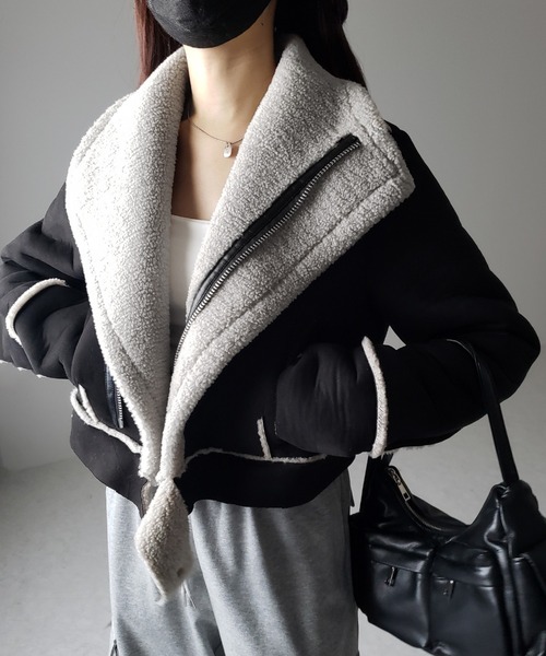 セール】【 3color 】ボアビッグカラーショートムートンジャケット