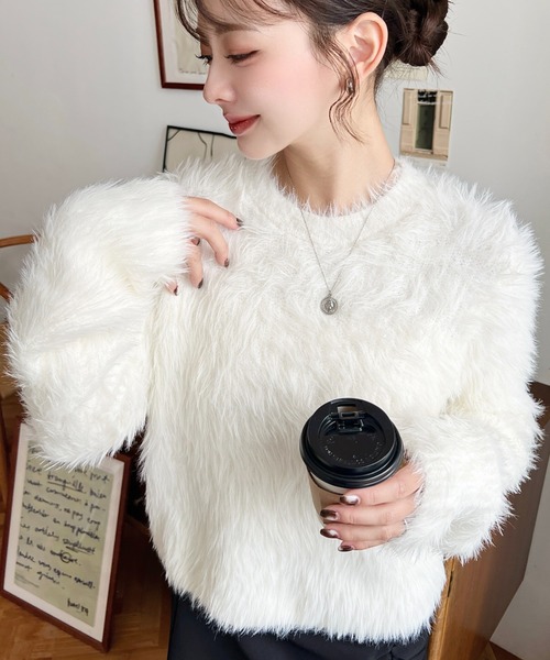 セール】クルーネックショート丈ロングフェザーニットプルオーバー