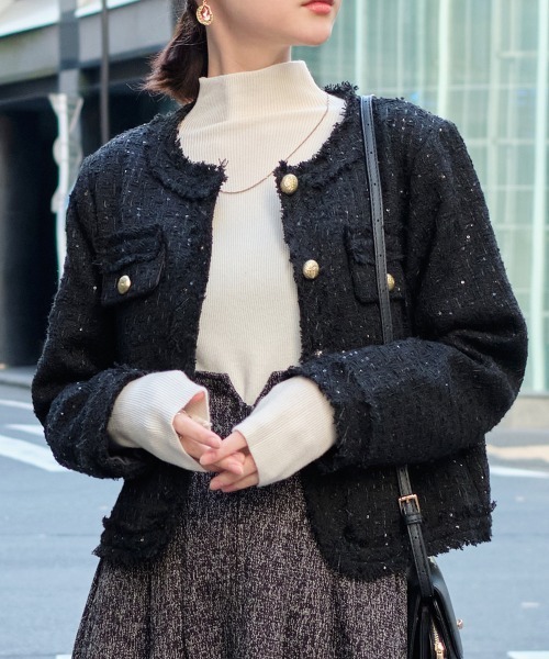 セール】ゴールド調ボタン ラメツイードショートジャケット（ノー