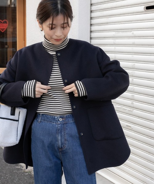 セール】ウールノーカラーミドルコート（ノーカラージャケット