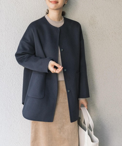 セール】ウールノーカラーミドルコート（ノーカラージャケット