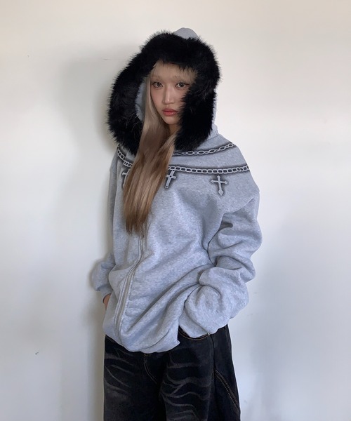 セール】Y2K クロスネックレスデザイン ファージップパーカー