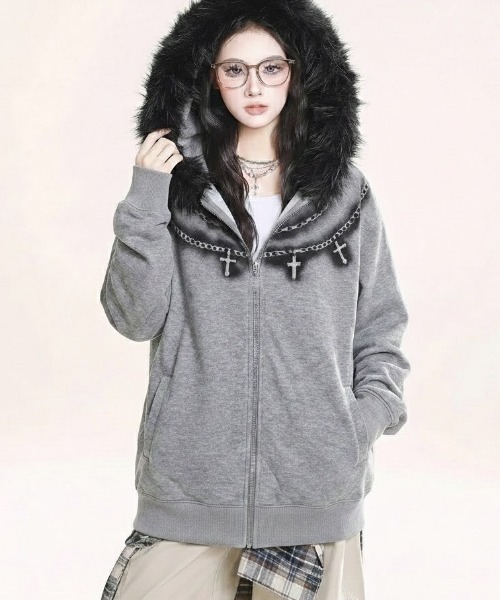 セール】Y2K クロスネックレスデザイン ファージップパーカー