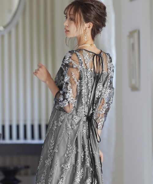 刺繍レース バックリボン パーティードレス 同窓会 二次会 （ドレス