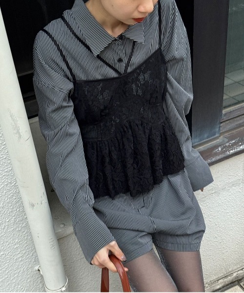 Ameri（アメリ）の「STRIPE SHIRT ROMPERS（つなぎ/オールインワン