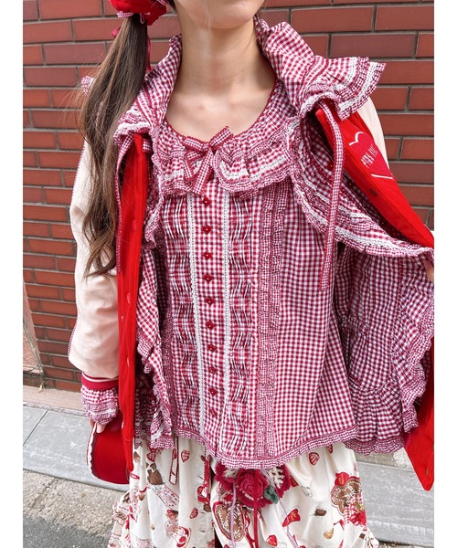 フリル襟付きギンガムチェックブラウス（シャツ/ブラウス）｜PINK