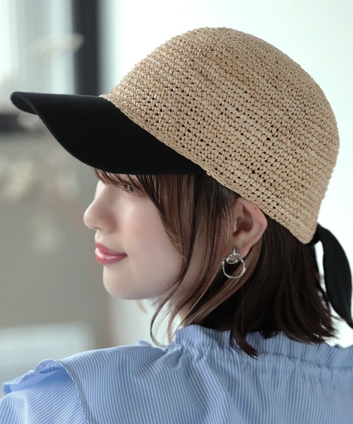 ラフィアキャップ 天然素材 麦わら帽子 ラフィア バックリボン