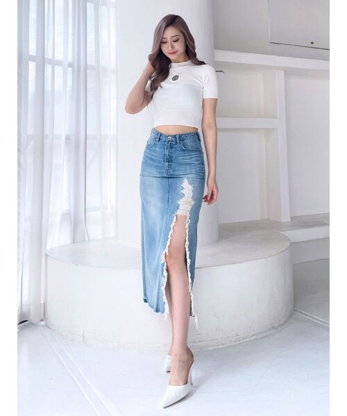 GYDA（ジェイダ）の「ダメージスリット ロングスカートライク デニム