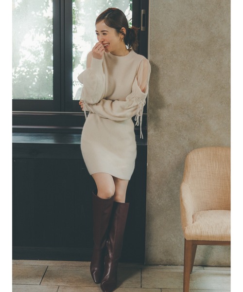 SNIDEL（スナイデル）の「シースルーショルダーミニニットワンピース